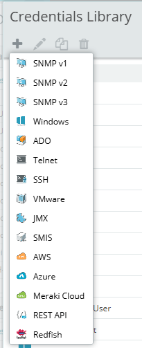 A screenshot showing the WhatsUp Gold web interface displaying the Credentials Library dialog
