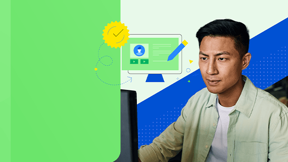 Graphic of a person using a computer, with symbols for digital content, learning, and a checkmark badge indicating completion.