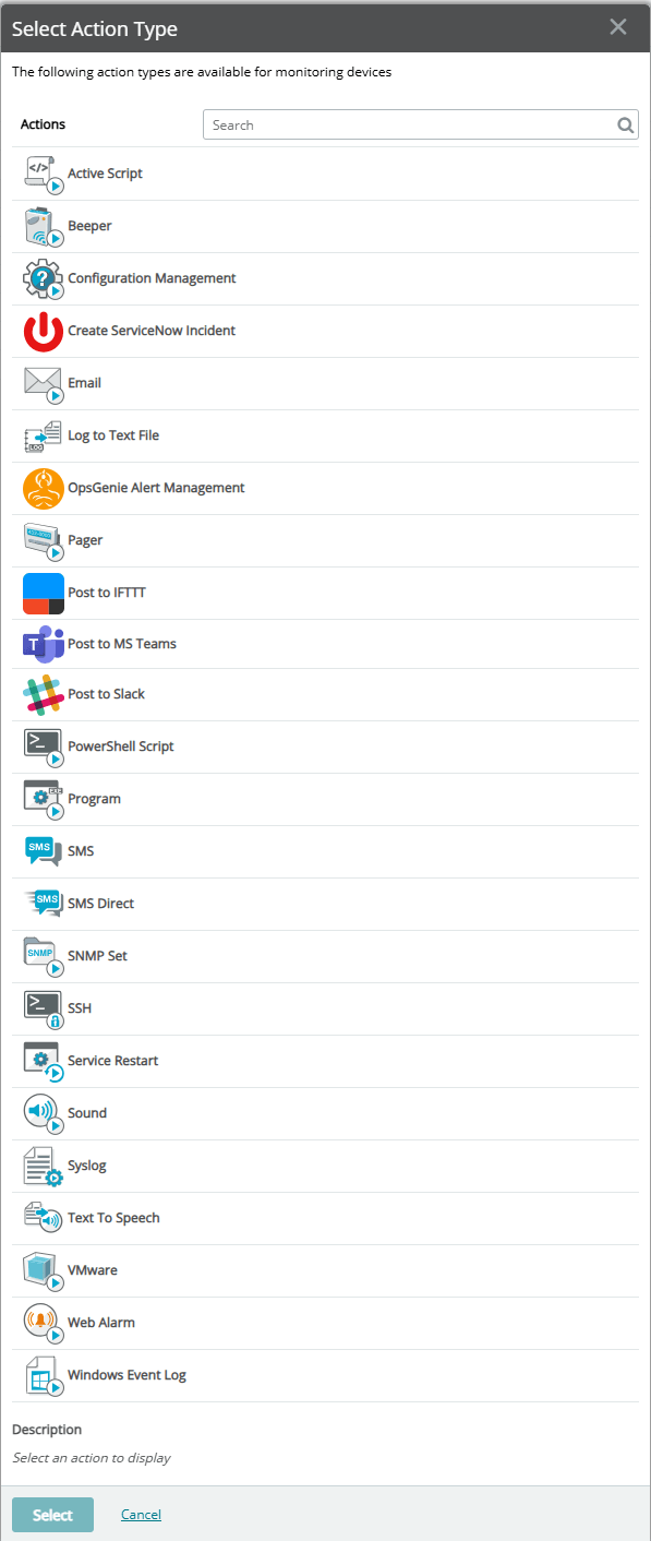 A screenshot of the WhatsUp Gold web interface showing the New Action dialog