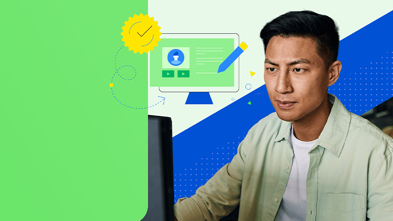 Illustration of a person at a computer with icons for editing, learning and certification, set against a green-blue background.