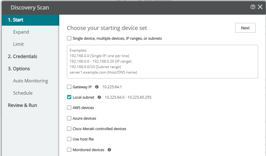 WhatsUp Gold Discovery Scan A screenshot of the WhatsUp Gold web interface displaying the Discovery Scan dialog