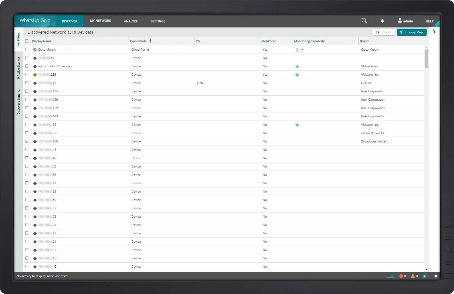 The picture presents a dashboard view of a list with Discovered Devices by the Progress WhatsUp Gold Network Discovery Software